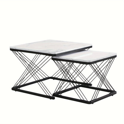 2pcs Modern Marble Coffee Table Set - Heavy-Duty Marble Look Square Tables with Height-Adjustable Legs & Assembly, Marble- Combination Table Suitable for, Office, Dorm - Space-Saving