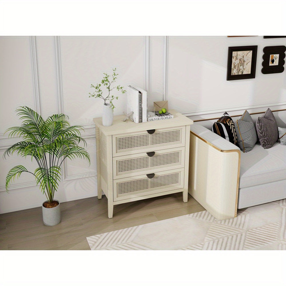 Dressoir – Kast – Opbergkast – Ladekast – Buffetkast – Modern Woven Honeycomb Design – 3 Lades Met Verwisselbare Deurpanelen – Duurzaam Niet-Houten Materiaal – Compact 80 cm Breed – Beige/Witte Afwerking Met Gouden Accenten