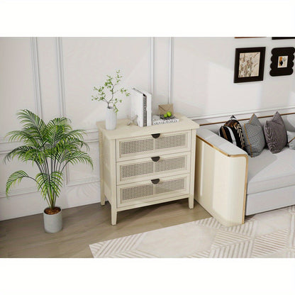 Dressoir – Kast – Opbergkast – Ladekast – Buffetkast – Modern Woven Honeycomb Design – 3 Lades Met Verwisselbare Deurpanelen – Duurzaam Niet-Houten Materiaal – Compact 80 cm Breed – Beige/Witte Afwerking Met Gouden Accenten