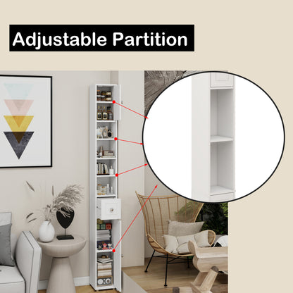 Badkamerkast – Medicijnkast – Kolomkast – Opbergkast – Wastafelonderkast – Hoog en Slank – 180 cm – 2 Deuren, 1 Lade, 4 Verstelbare Planken – Vrijstaand – Wit