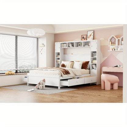 Bedframe – Tweepersoonsbed – Opbergbed – Ladebed – Slaapbank – Moderne Witte Kleur – 4 Lades & Kast – Lattenbodem 3,56x5,08 m – Ruimtebesparend Ontwerp
