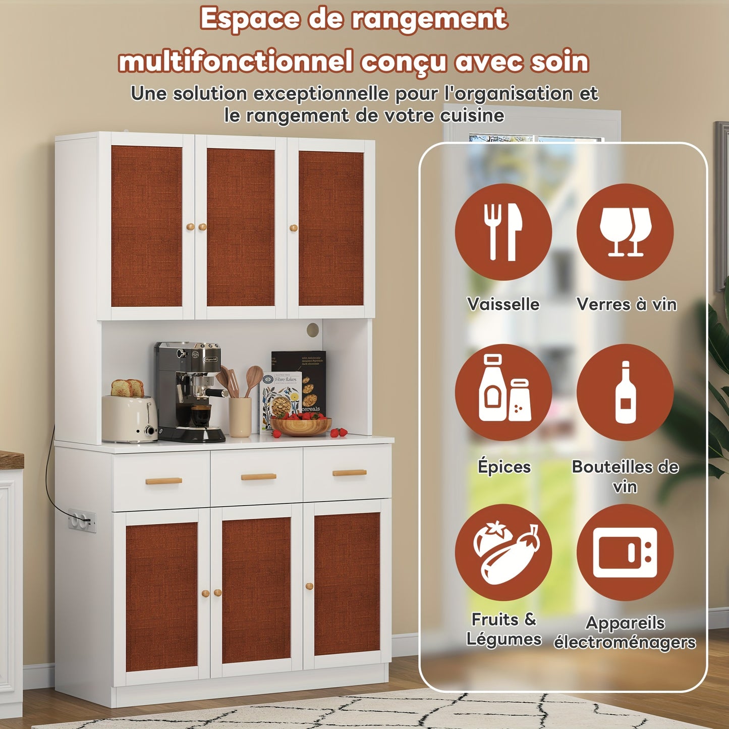 Keukenkast – Keukenopberger – Keukenmeubel – Opbergkast – Buffetkast – Vrijstaand – 182 cm Hoog – Wit Met Houten Handgrepen