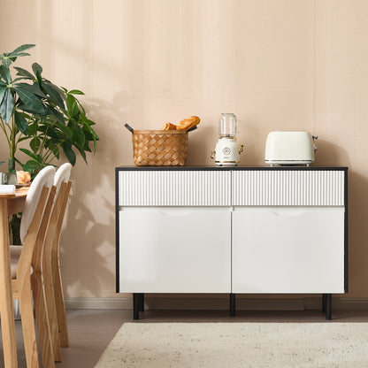 120cm/47-inch Modern White & Black Metal Storage Cabinet with Slotted Drawers & Adjustable Shelves - Heavy-Duty Freestanding 2-Door Hallway, Kitchen, Living Room, Dining Room Organizer - Easy Assembly (Non-Wood) Tall Shelving