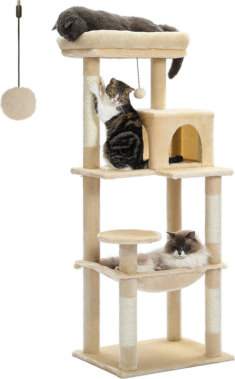 Luxe Kattenboom met Krabpaal - Kattenspeeltoestel - Kattenaccessoires - Huisdierspeelgoed - Groot - 45x55x143cm - Hout - 12,3kg - Beige