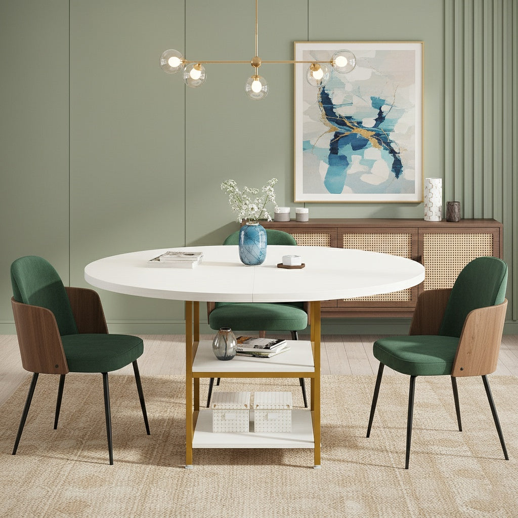 Bureau – Bureautafel – Computertafel – Werkplek – Office Desk – Wit met Gouden Accenten – Rond 120 cm – 2-laags Opbergruimte