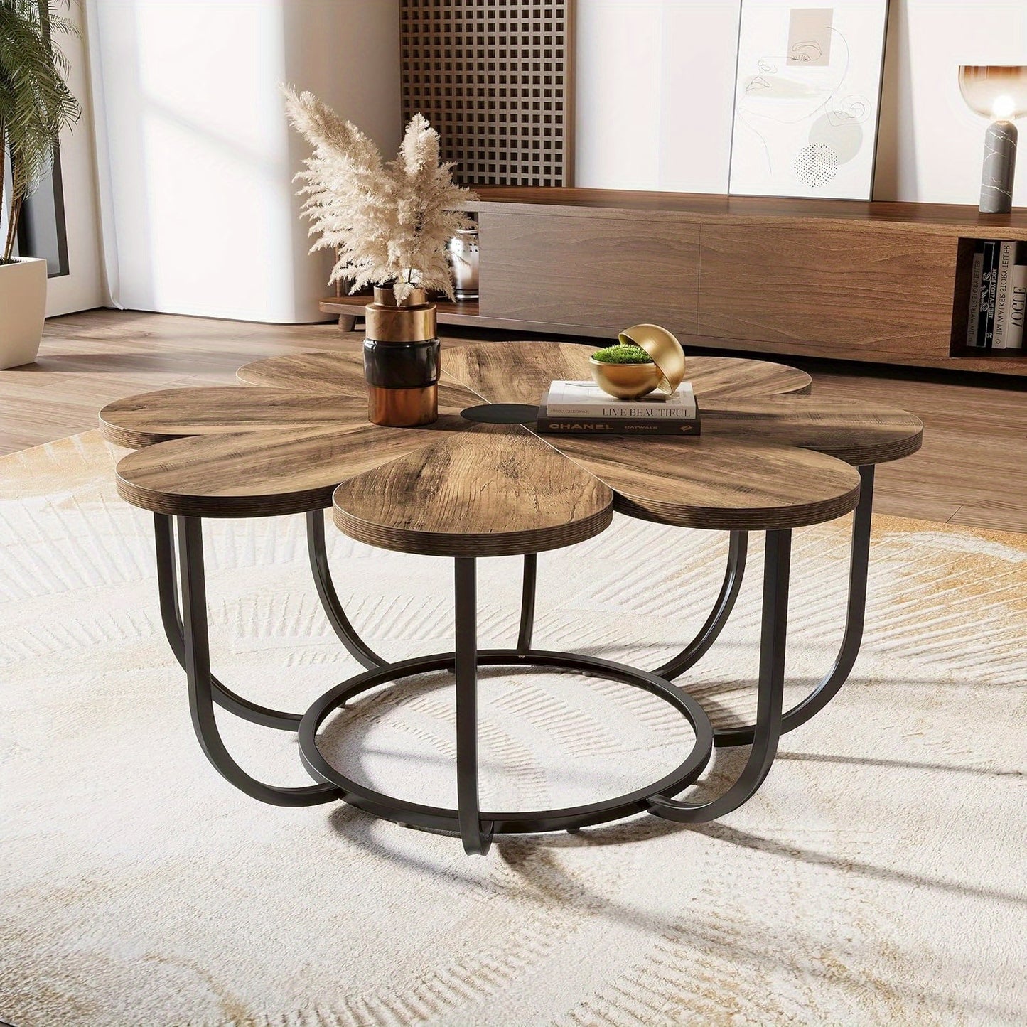 Bloemvormige Salontafel – Modern Coffee Table – Sofa Tafel – Woonkamer Tafel – Bloem Salontafel – 100 cm Diameter – Marmerlook Tafelblad met Metalen Frame
