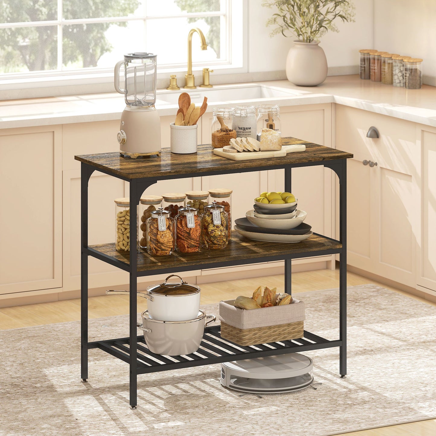 keukenrek – keukenrek staand – keukenkast organizer – kruidenrek – 3-laags – robuust stalen frame – rustieke houten planken