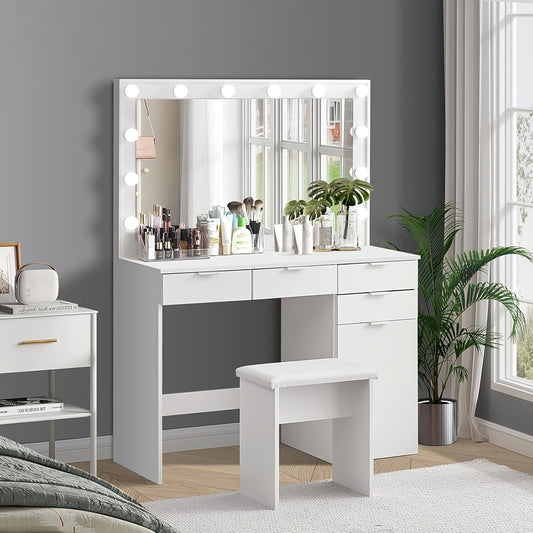 White Vanity Desk with a Mirror And Stool, Featuring Drawers And Modern Design, Equipped with 12 Adjustable LED Lights for Brightness Control.