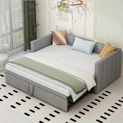 Uitschuifbare Gestoffeerde Slaapbank – Slaapbank – Divanbed – Bankbed – Logeerbed – Lichtgrijs – 90x200 tot 180x200 cm – Lattenbodem geïntegreerd