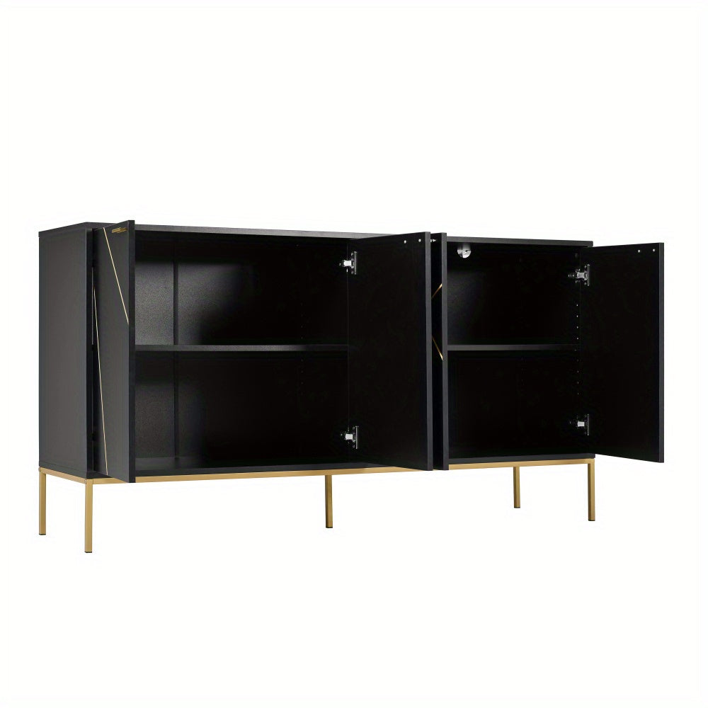 Buffetkast – Dressoir – Opbergkast – Kast – Buffet – Zwart Met Gouden Accenten – 4-Deurs Met Metalen Poten – Compact 80x150x40 Cm – Modern Lineair Design