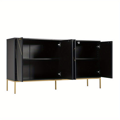 Buffetkast – Dressoir – Opbergkast – Kast – Buffet – Zwart Met Gouden Accenten – 4-Deurs Met Metalen Poten – Compact 80x150x40 Cm – Modern Lineair Design
