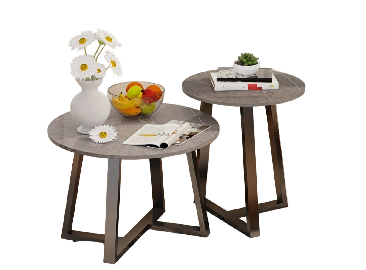 Bijzettafels – Salontafels – Side Tables – Tafeltjes – Nachtkastjes – Set Van 2 Ronde Tafels Zwart – Marmerlook Gesinterd Steen – Zwart Metaalframe