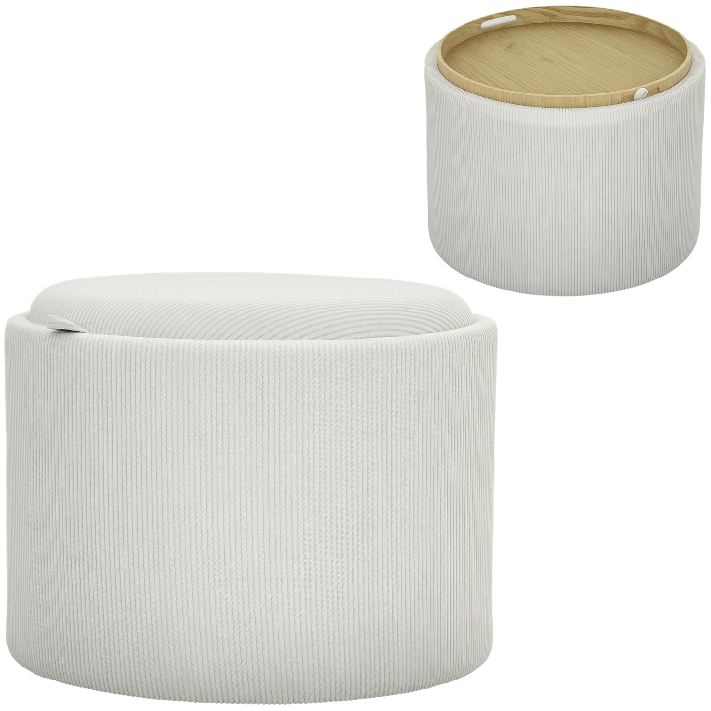 Opbergkruk Ronde Kruk Opbergbox Zitkruk Voetensteun – Crème Wit – Corduroy Stof – MDF Frame – Comfortabele Zitting – Handige Opbergruimte