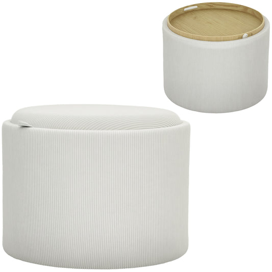Opbergkruk Ronde Kruk Opbergbox Zitkruk Voetensteun – Crème Wit – Corduroy Stof – MDF Frame – Comfortabele Zitting – Handige Opbergruimte
