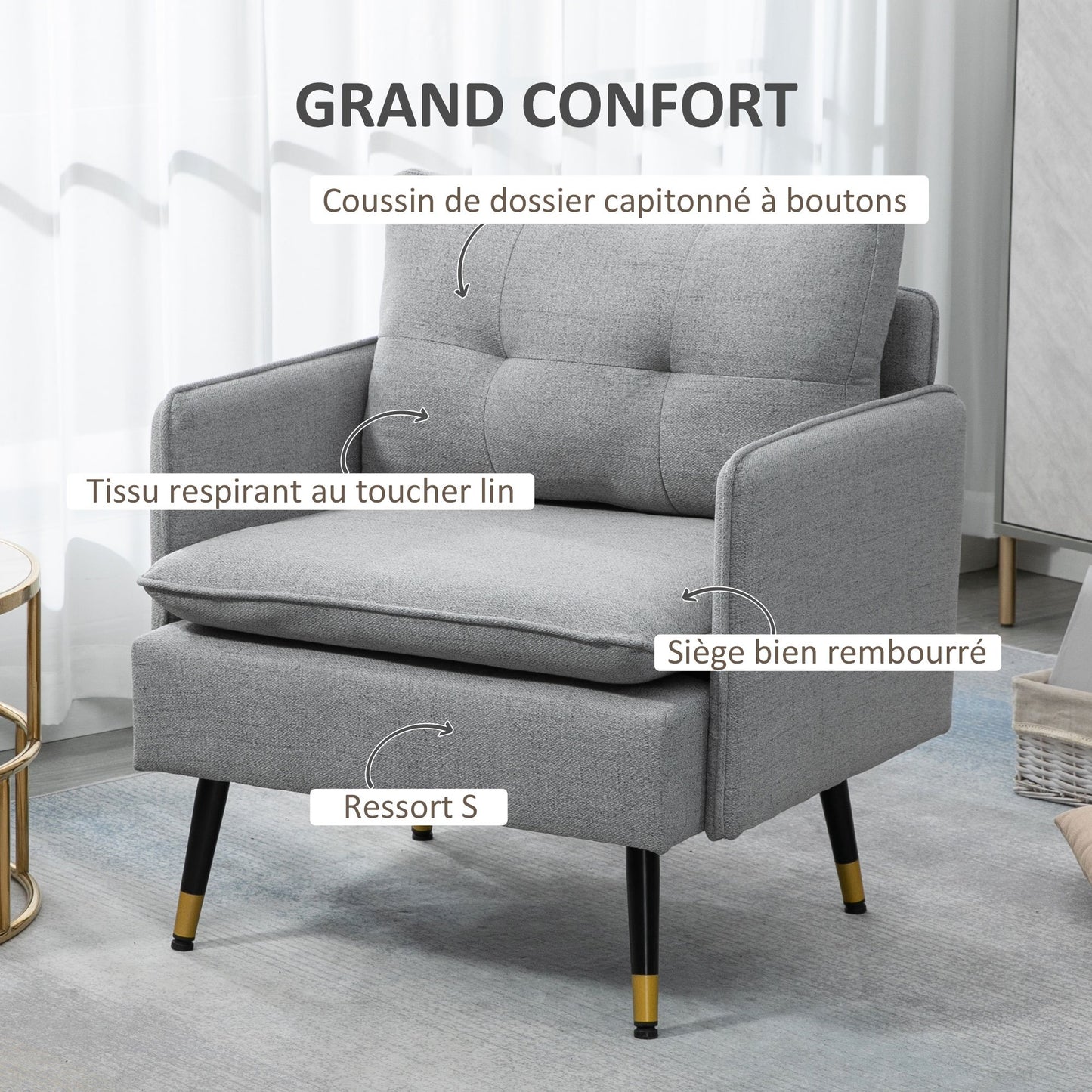 Fauteuil – Relaxstoel – Loungestoel – Zetel – Designstoel – Scandinavisch Design – Stoffen Bekleding – Goudkleurige Metalen Poten – Compact 76x68x80 cm