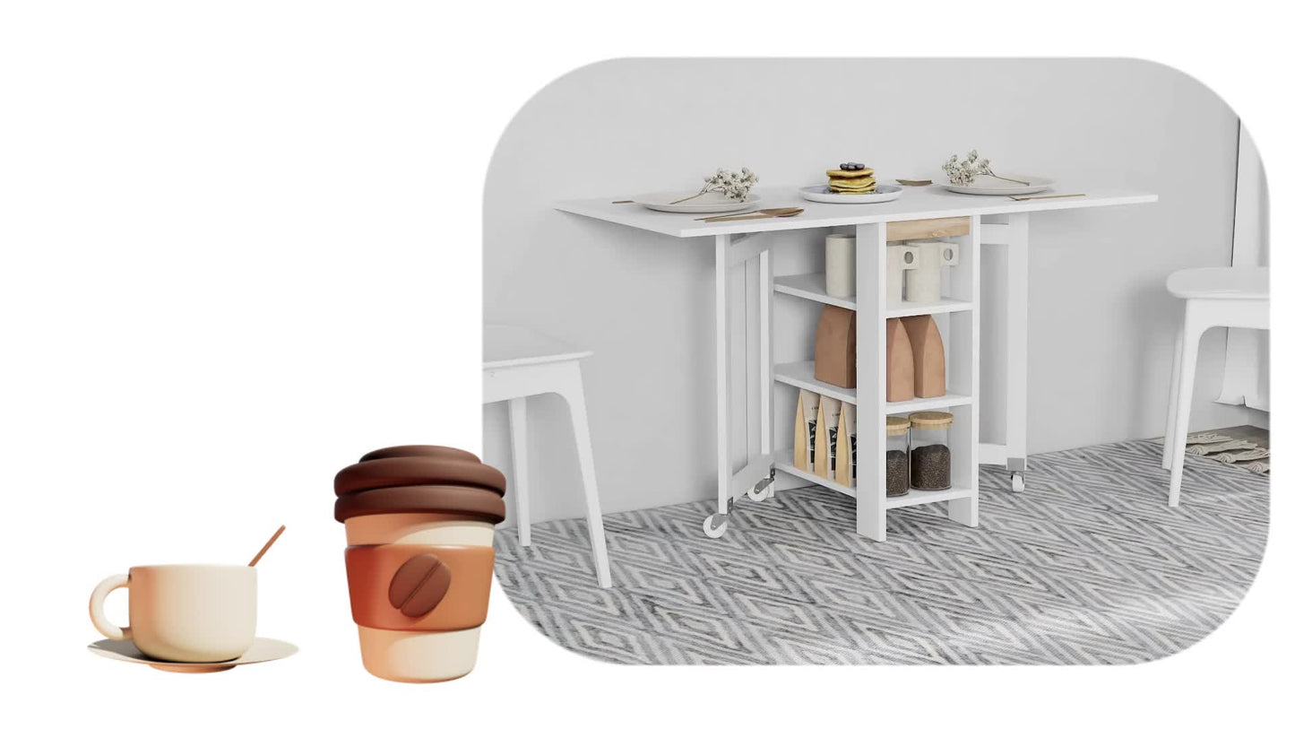 Opvouwbare Eettafel – Klaptafel – Keukentafel – Wieltjes Trolley – Inklapbare Tafel – Moderne Compacte Ontwerp – 120x60x75 cm – Met 2 Uitklapbare Bladen & 3 Planken – Wit