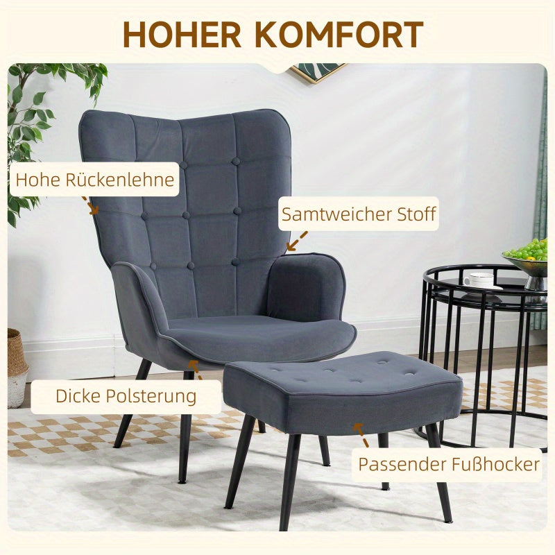 Relaxstoel – Fauteuil – Loungebank – Zitstoel – Donkergrijs Samet – Verstelbare Voetjes – Inclusief Voetenbankje