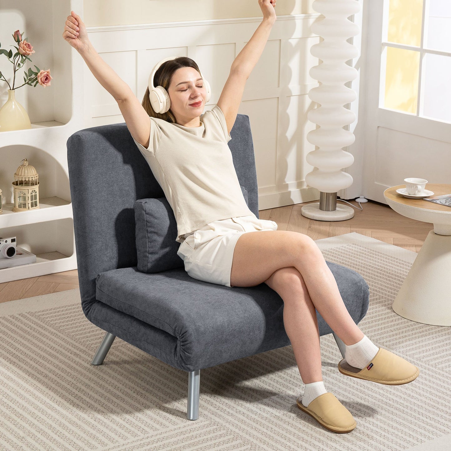 Slaapfauteuil – Slaapstoel – Fauteuil – Logeerbed – Vouwbed – 3-in-1 Design – Donkergrijze Stof – Inclusief Kussen