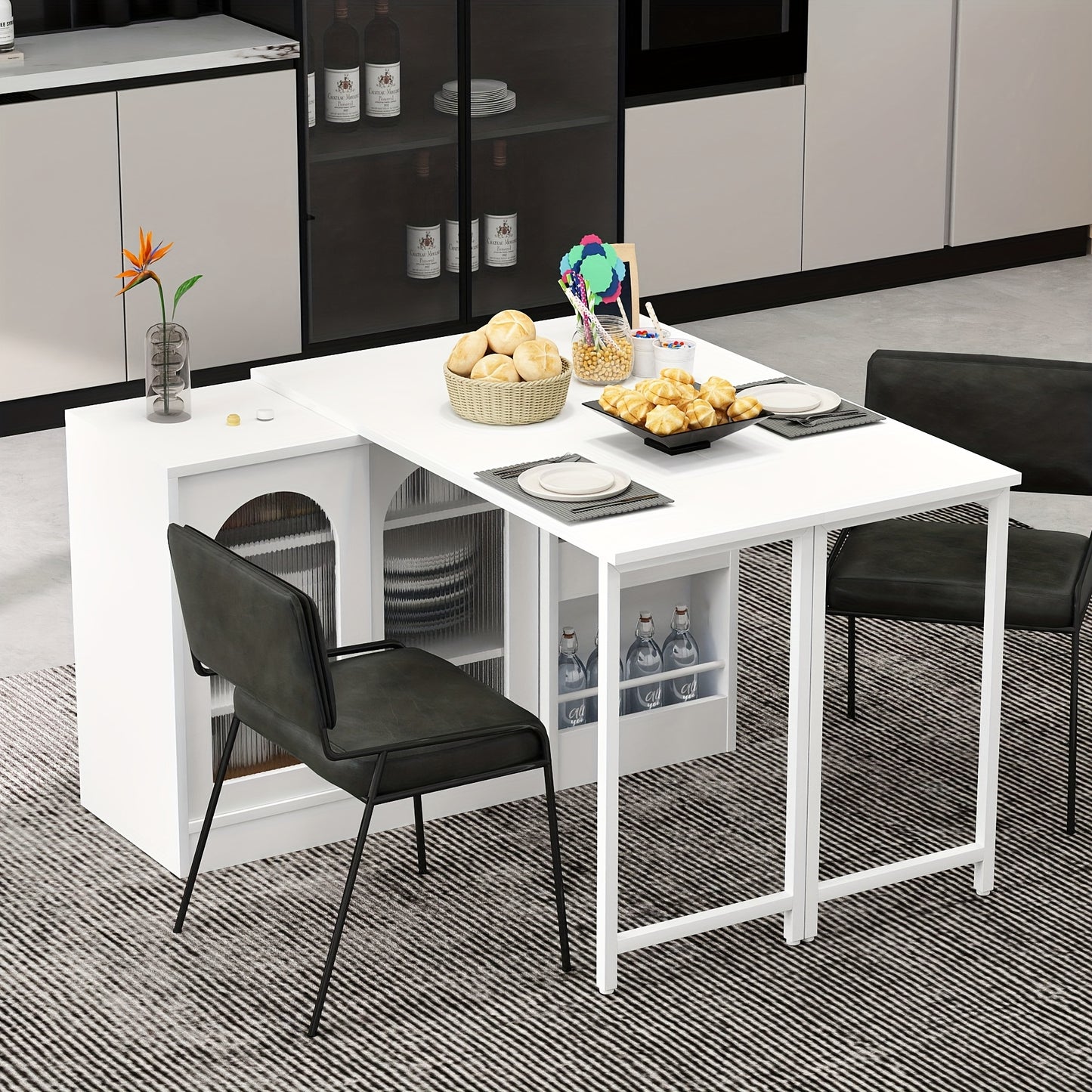 Draaibare Bartafel – Barmeubel – Eettafel – Opbergkast – Keukentafel – 360° Draaibaar – Uitschuifbaar Blad – Wit – Metalen Frame – Glazen Deuren