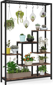 Plantenrek - Plantenstandaard - Plantenrek voor Binnen en Buiten - Plantenrek met 5 Liveaus en 6 S-haken - Bruin en Zwart - 100 x 30 x 180 cm