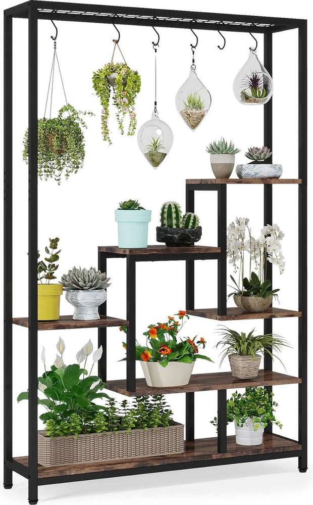 Plantenrek - Plantenstandaard - Plantenrek voor Binnen en Buiten - Plantenrek met 5 Liveaus en 6 S-haken - Bruin en Zwart - 100 x 30 x 180 cm
