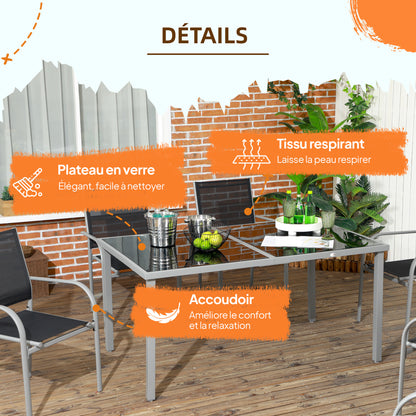 Tuinset – Tuinmeubelset – Bistroset – Loungeset – 7-delig – 6 Stapelbare Stoelen – Stalen Tafel Met Gehard Glas – Zwart