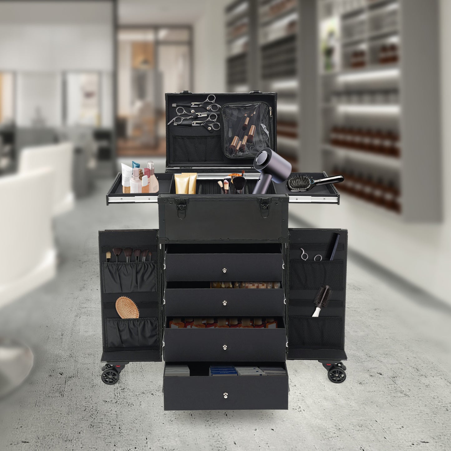 Make-up koffer – Make-up trolley – Cosmetica koffer – Beautycase – Visagiekoffer – Verstelbare hoogte – 360° draaibare wieltjes – Harde ABS buitenkant – Sleutelslot – Zwart