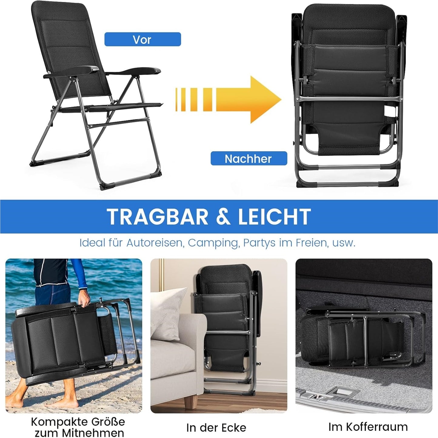 Tuinstoelen – Vouwstoelen – Balkonstoelen – Ligstoelen – Campingstoelen – 7-standen verstelbare rugleuning – Ademend metaal en Oxford-stof – Set van 2 – Zwart