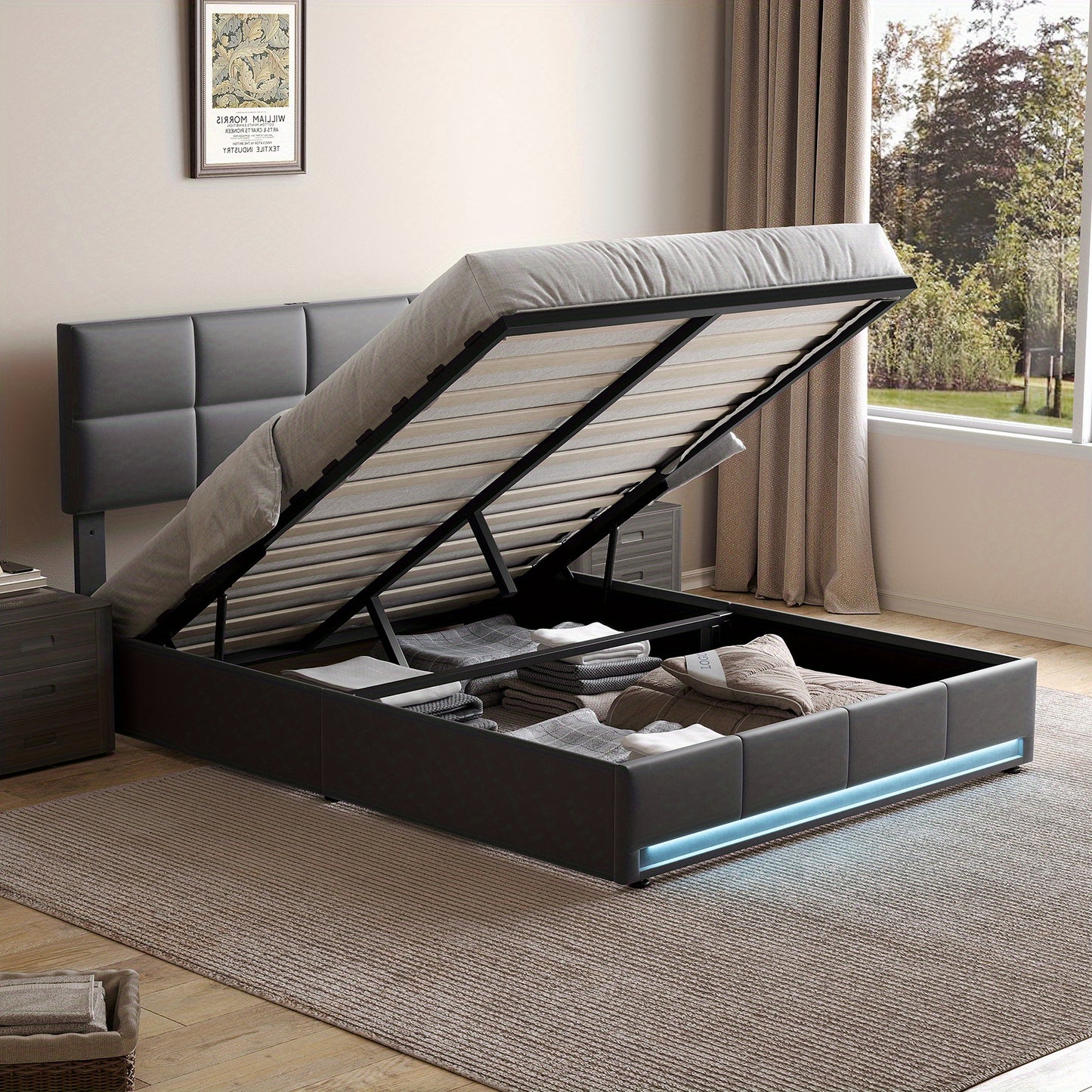 Bedframe – Opbergbed – Gestoffeerd Bed – Platformbed – Tweepersoonsbed – Hydraulisch Opbergsysteem – Geluidloos Metalen Frame – Zacht Fluwelen Hoofdbord