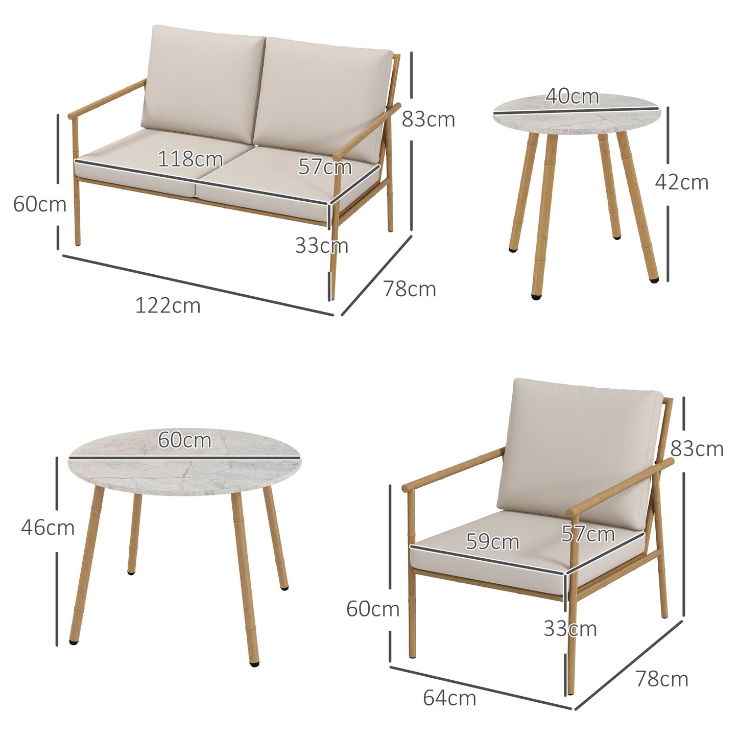 Tuinset – Tuinmeubelset – Loungeset – Balkonset – 5-delige Tuinmeubelset – Crèmekleurig – Gepoedercoat Stalen Frame – Marmerlook Tafelbladen