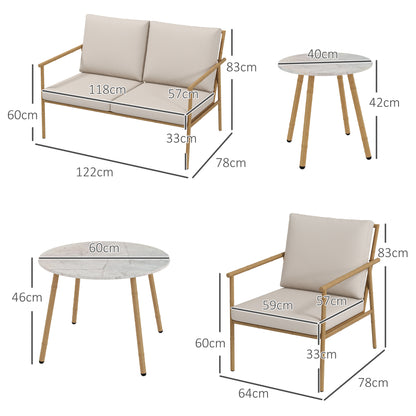 Tuinset – Tuinmeubelset – Loungeset – Balkonset – 5-delige Tuinmeubelset – Crèmekleurig – Gepoedercoat Stalen Frame – Marmerlook Tafelbladen