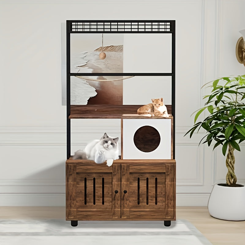 Kattenbakmeubel – Kattenkast – Kattenbakkast – Kattenhuis – Kattenbakkast – Houten Fiberboard – Ruim Ontwerp Met Sisal Hangmat & Speelbal – Omkeerbare Toegang Met Extra Opbergruimte