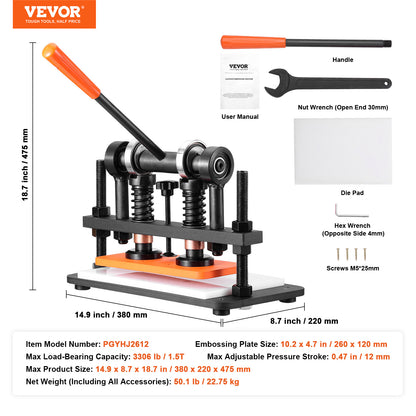 VEVOR Leather Cutting Machine, 25.9 x 12 cm Embossing Plate Manual Die Cutter, 1.2 cm Pressure Stroke Leather Embossing Machine, Dual Guide Shafts Die Cut Machine for Various of Materials