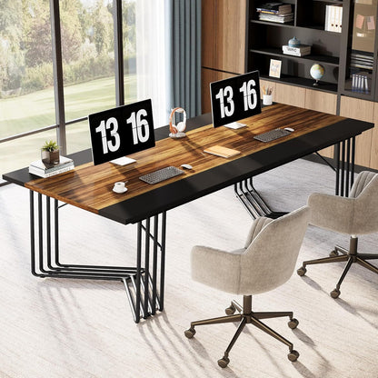 Vergadertafel – Bureautafel – Seminartafel – Kantoortafel – Trainingstafel – Rustiek Bruin Zwart – Geometrisch Metalen Frame – 200x100 cm Groot Werkblad