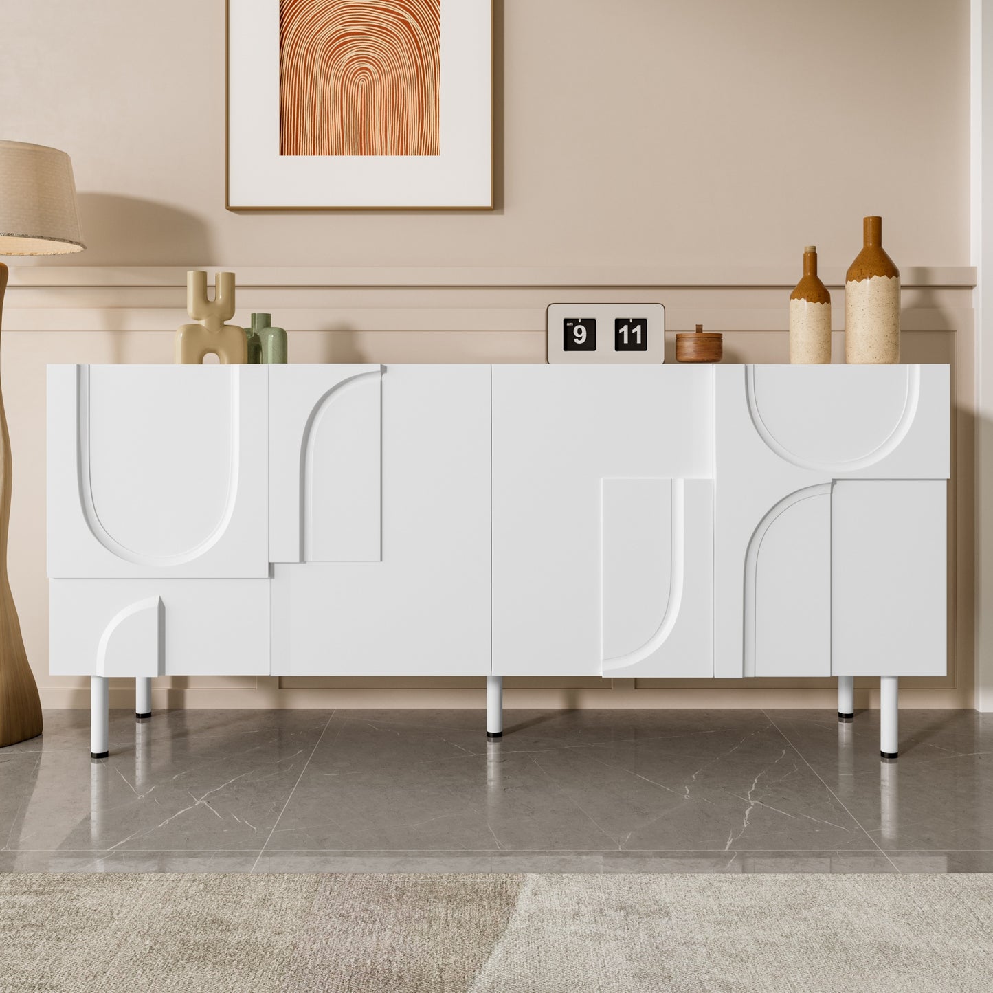 Dressoirkast – Sideboard – Opbergkast – Woonkamerkast – Dressoir Wit – Modern 3D Geometrisch Design – Ruime Afmetingen 160x38,5x70 cm