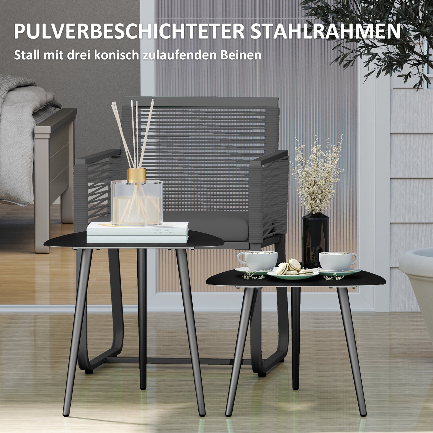 Bijzettafel – Bijzettafels – Salontafel – Banktafel – Nachtkastje – Weerbestendig Stalen Frame – Modern Driehoekig Design Zwart