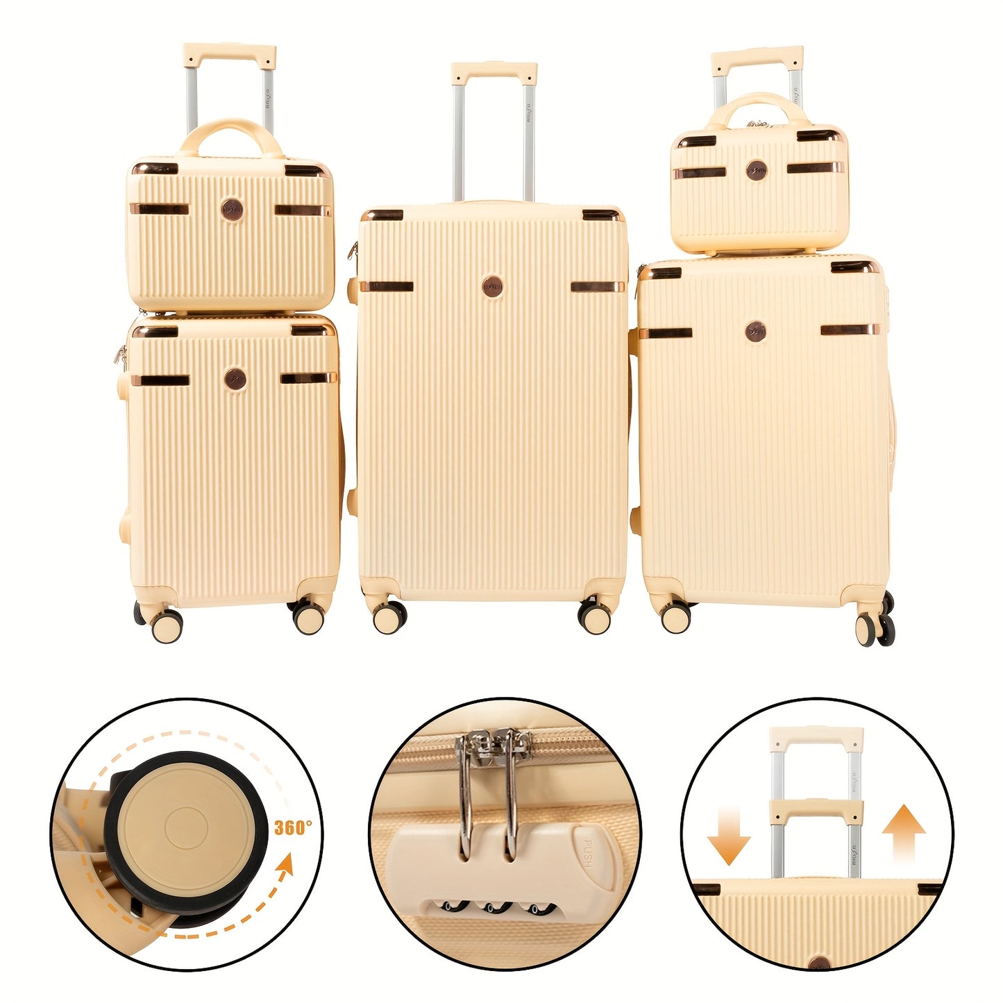 Kofferset – Reiskoffers – Bagageset – Trolley – Handbagage – 5-delig – Hardcase ABS – Combinatieslot – Zwart – Soepele Spinnerwielen