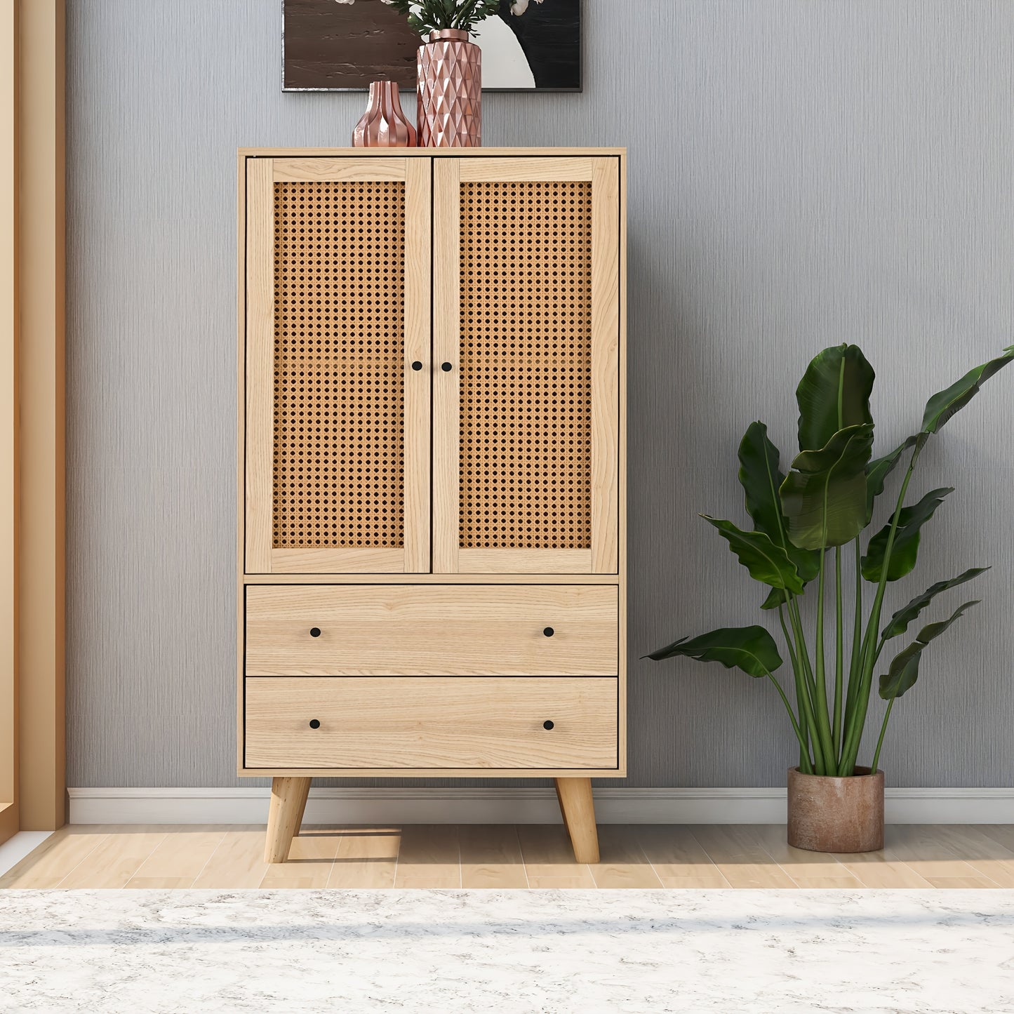 Bamboe Kast – Opbergkast – Ladekast – Opbergmeubel – Dressoir – Verticale Kast Met 2 Deuren En 3 Laden – Duurzaam Natuurlijk Bamboe – Compact 68 Cm Hoog