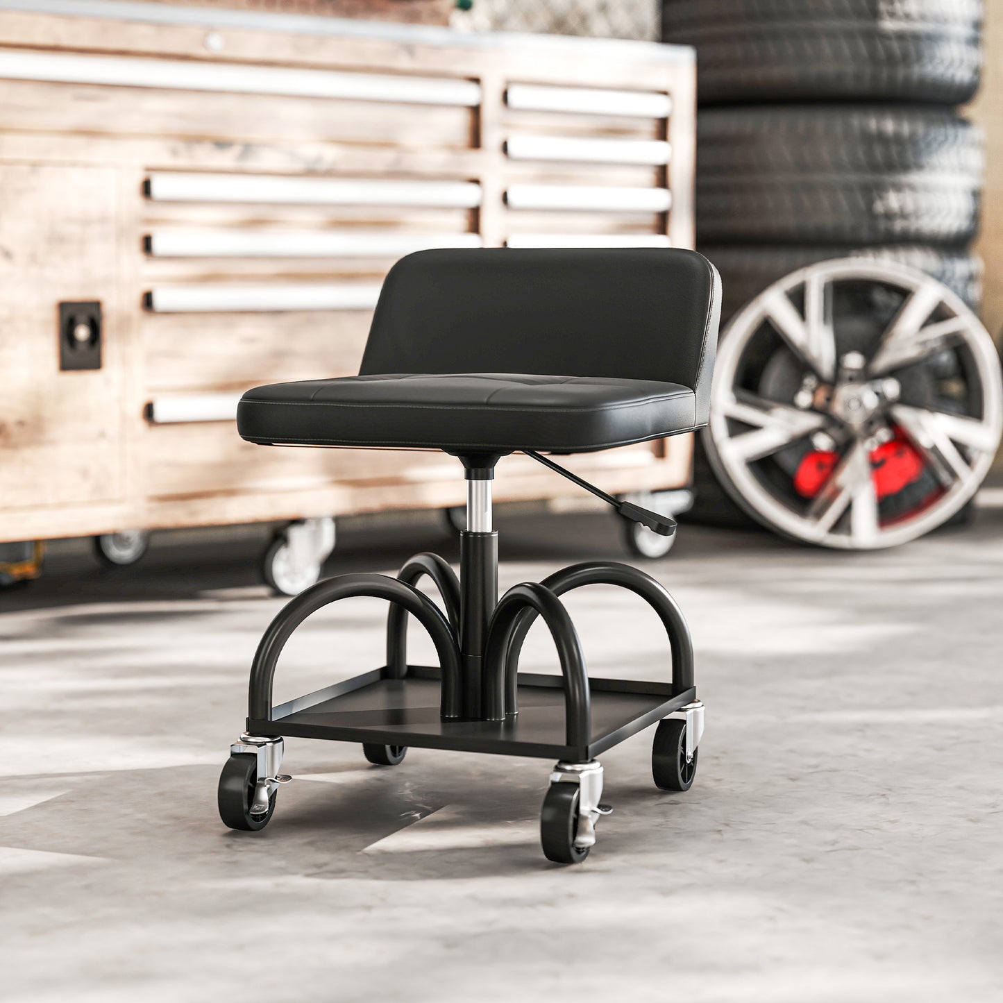 Werkplaatskruk – Werkkruk – Werkbankkruk – Werkstoel – Wielenkruk – Met Opbergrek – 58,5 cm Hoog – Draagvermogen 135 kg – Zwart Metalen Frame