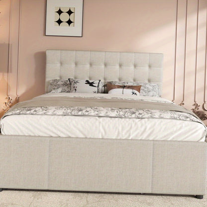 Gestoffeerd Tweepersoonsbed – Double Bed – Familiebed – Huwelijksbed – Opbergbed – 140x200 cm – Verstelbaar Hoofdbord – Beige Bekleding