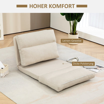 Vloerstol – Vloerstolletje – Inklapbare Zitstoel – Relaxstoel – Vloerbed – Verstelbare Rugleuning 6-standen – Dikke Comfortabele Kussenlaag – Beige Linnenlook