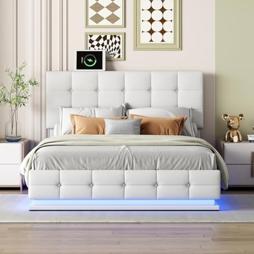 Tweepersoonsbed – Dubbel bedframe – Led-verlicht bed – Opbergbed – Gestoffeerd bed – Variant1 – Verstelbare LED-verlichting – 32,5 cm opbergruimte onder bed