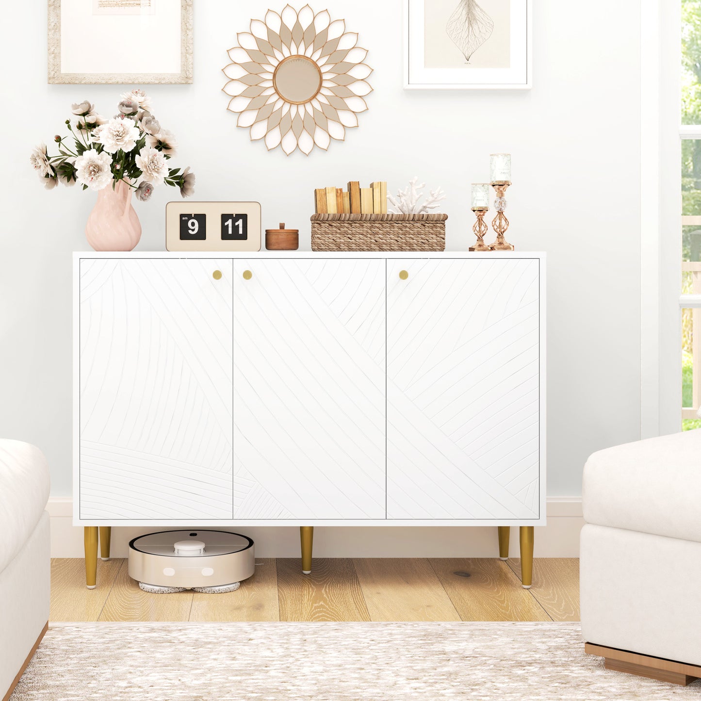 Dressoir – Opbergkast – Buffetkast – Ladekast – Kast – Wit Gelakt – Verstelbare Planken – Gouden Stalen Poten