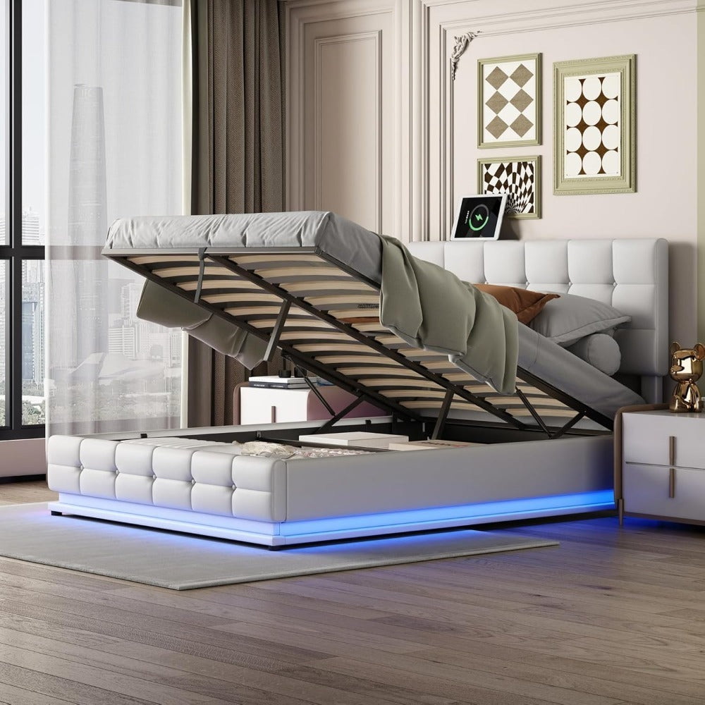 Tweepersoonsbed – Bedframe – Led Bed – Opbergbed – Gestoffeerd Bed – Grote Opbergruimte – USB-LED Verlichting