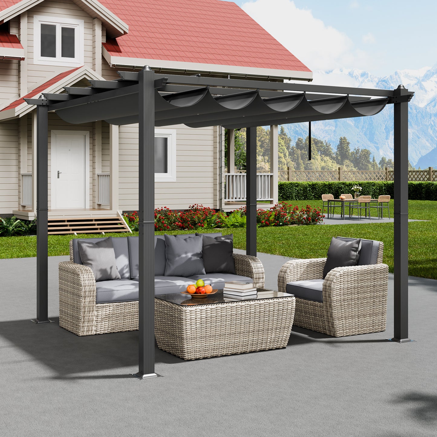 Pergola – Tuinprieel – Terrasoverkapping – Tuinpaviljoen – Zonwering – Uitschuifbaar Dak – Aluminium Frame – 3x3 Meter – UV-Bescherming – Weerbestendig – Grijs