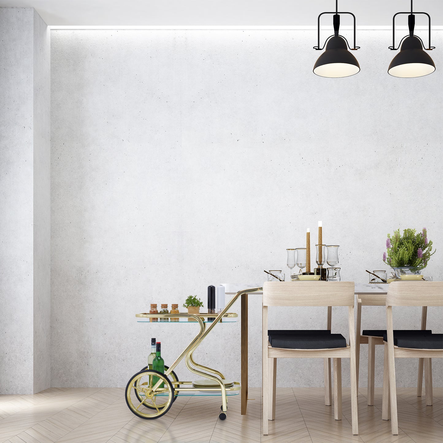 Serveerwagen Messing – Serveerwagen Op Wielen – Theewagen – Trolley – Dressoir – Met 2 Glazen Planken – Stevig Metalen Frame