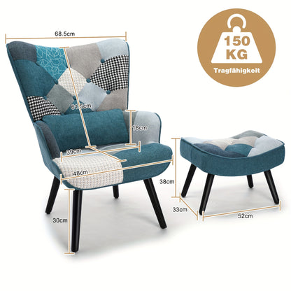 Fauteuil – Stoel – Lounge Chair – Relaxstoel – Blauw Linnen Fauteuil – Ergonomische Rugleuning – Inclusief Voetenbank