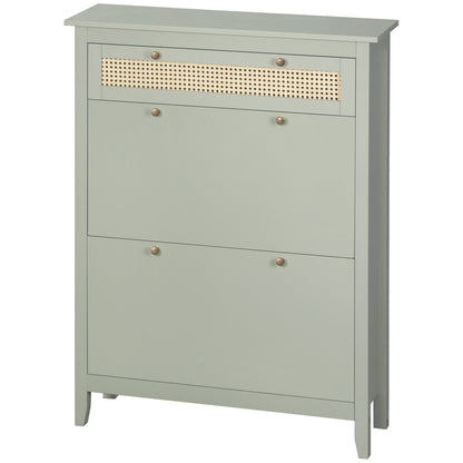 Schoenenkast – Schoenopberger – Schoenrek – Schoenmeubel – Opbergkast – Watergroen Boho Design – Rattan Look – 2 Klapdeuren – Verstelbare Planken – Lade – Compact 88x30x120 cm – MDF & PP Rattan