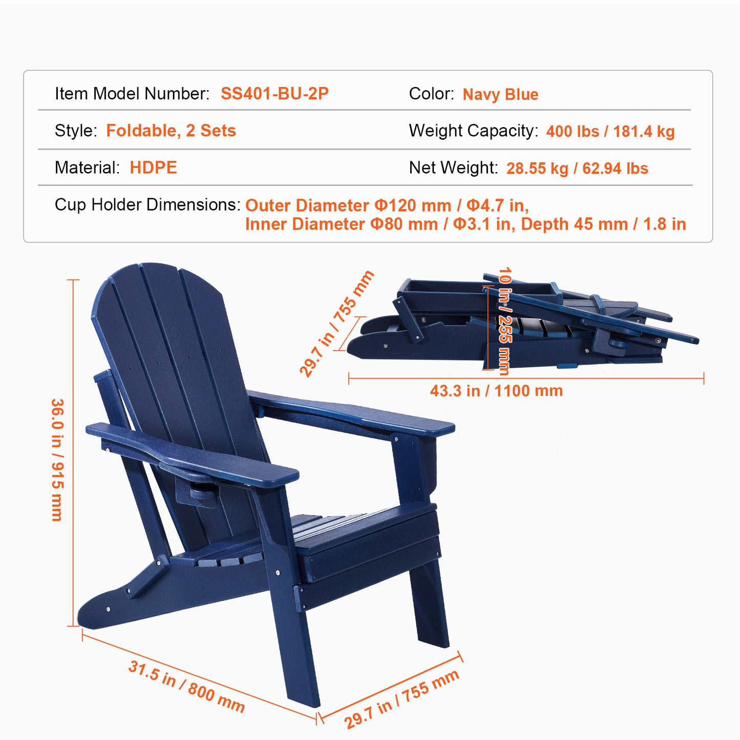 Klapstoel Buiten – Tuinstoel Opvouwbaar – Adirondackstoel Kunststof – Campingstoel Inklapbaar – Balkonstoel Blauw – Weerbestendig HDPE – Stevige Constructie 180 kg