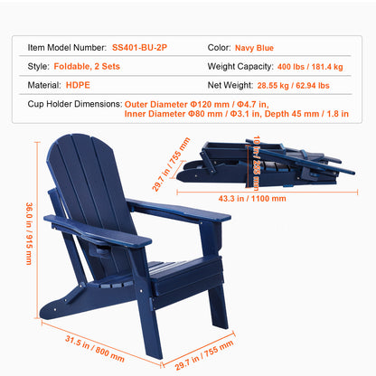 Klapstoel Buiten – Tuinstoel Opvouwbaar – Adirondackstoel Kunststof – Campingstoel Inklapbaar – Balkonstoel Blauw – Weerbestendig HDPE – Stevige Constructie 180 kg